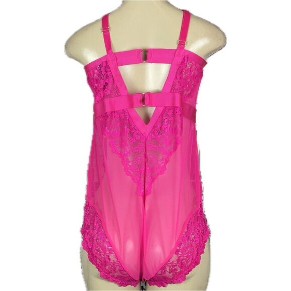 Torrid +3 Pink Sheer Mesh Lace Caged Neckline & Back Adjustable Strap Bodysuit - Picture 4 of 6